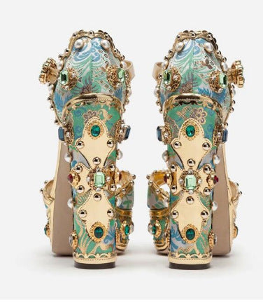 Luxury Crystal Embellished Square Heel Sandals