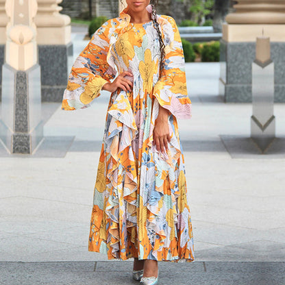 Pleated Ruffled Bat Sleeve Maxi Dress