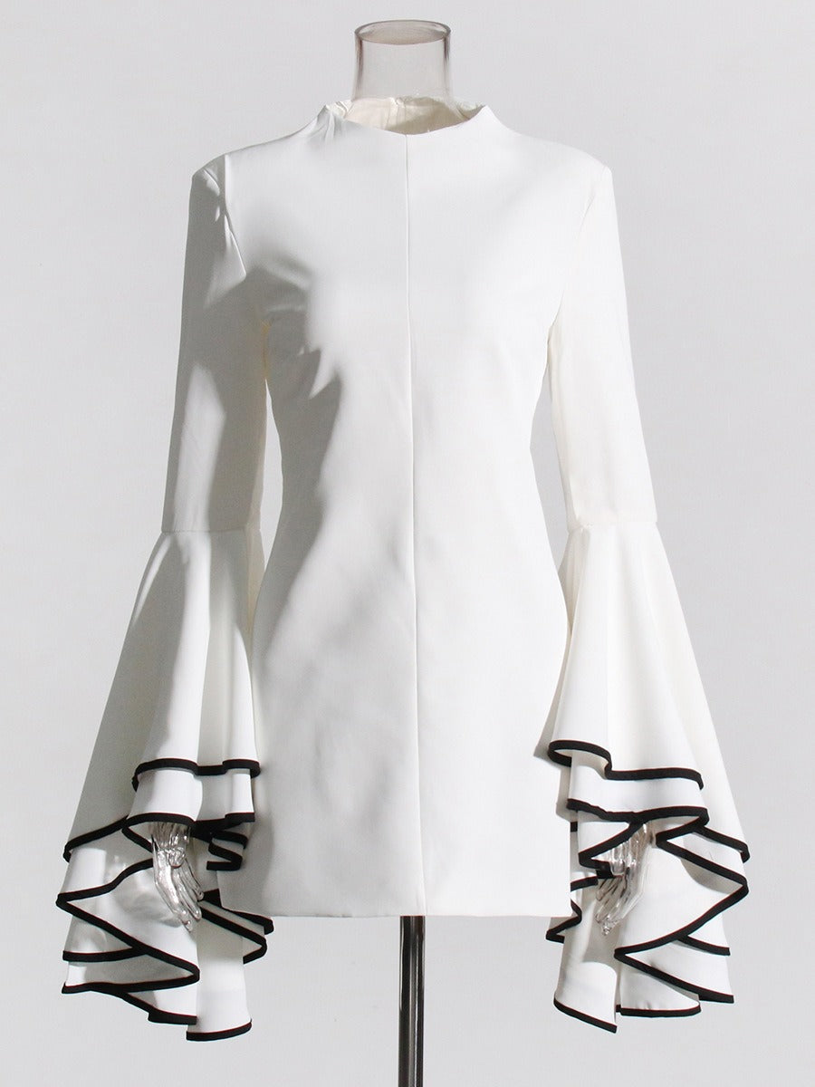 Temperament Spliced Ruffles Dresses For Women O Neck Butterfly Sleeve Tunic Casual Elegant Dress