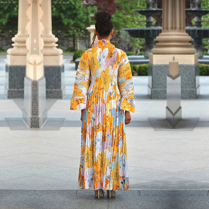Pleated Ruffled Bat Sleeve Maxi Dress