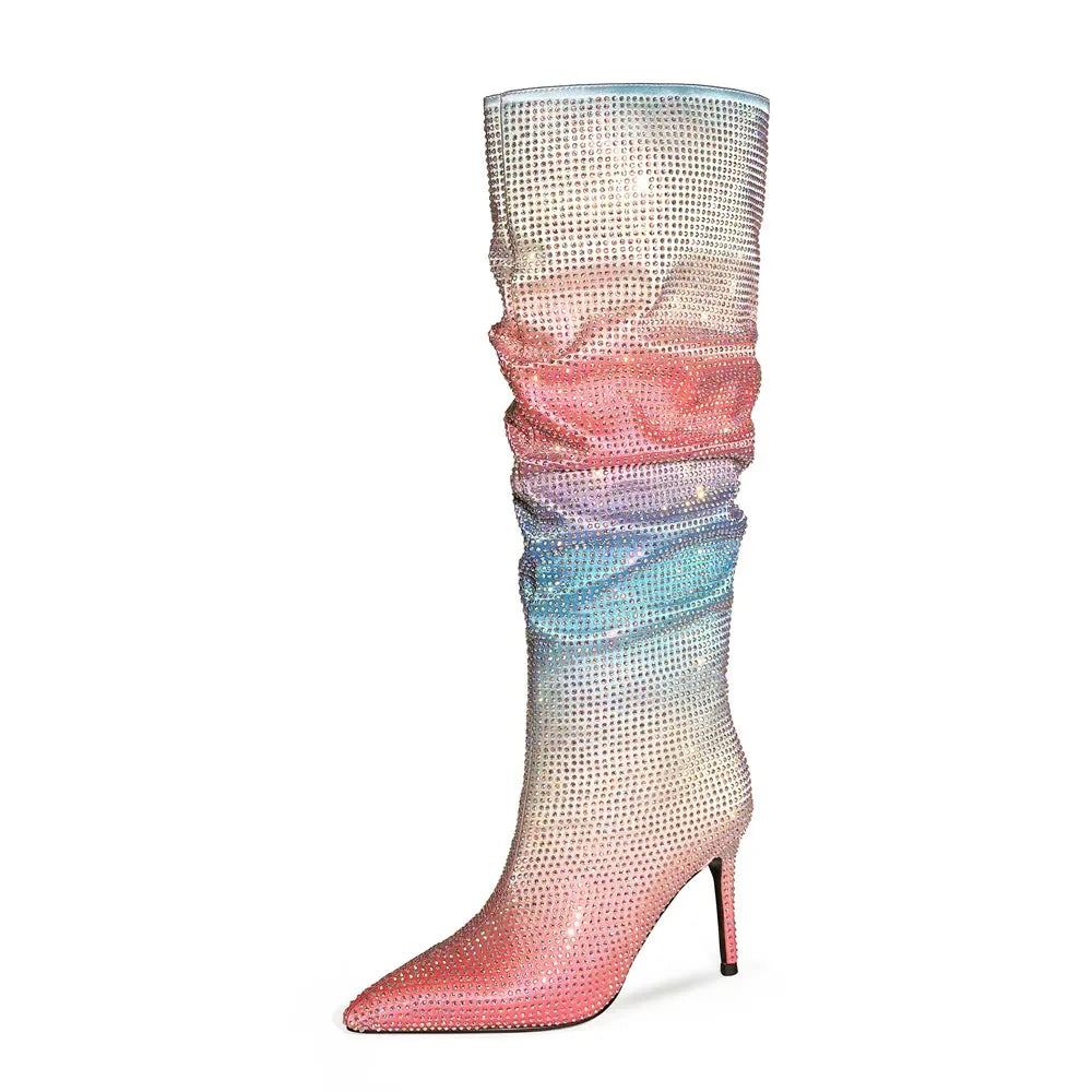 Gradient Rhinestone Pleated Knee-High Boots