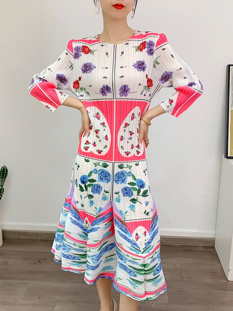 Miyake Pleated Printed Round Neck Long Sleeves Dress