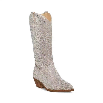 Rhinestone  Pointed Toe Mid-Calf Boots