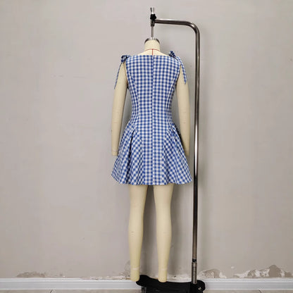 Checkered Tie Shoulder Mini Dress