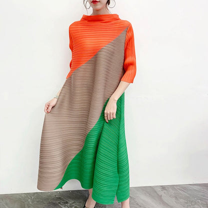 Miyake Pleated Color Block Midi Dress