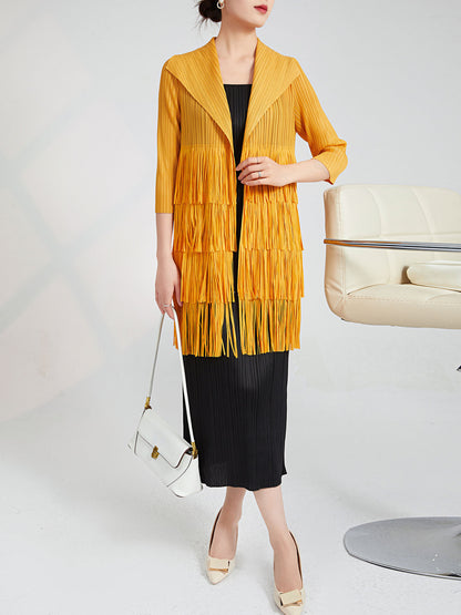 Miyake Pleated Open Front Tassels Layered Trench Coat