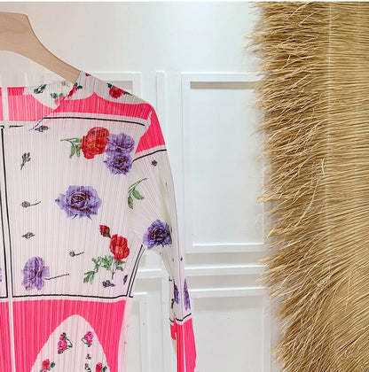 Miyake Pleated Printed Round Neck Long Sleeves Dress