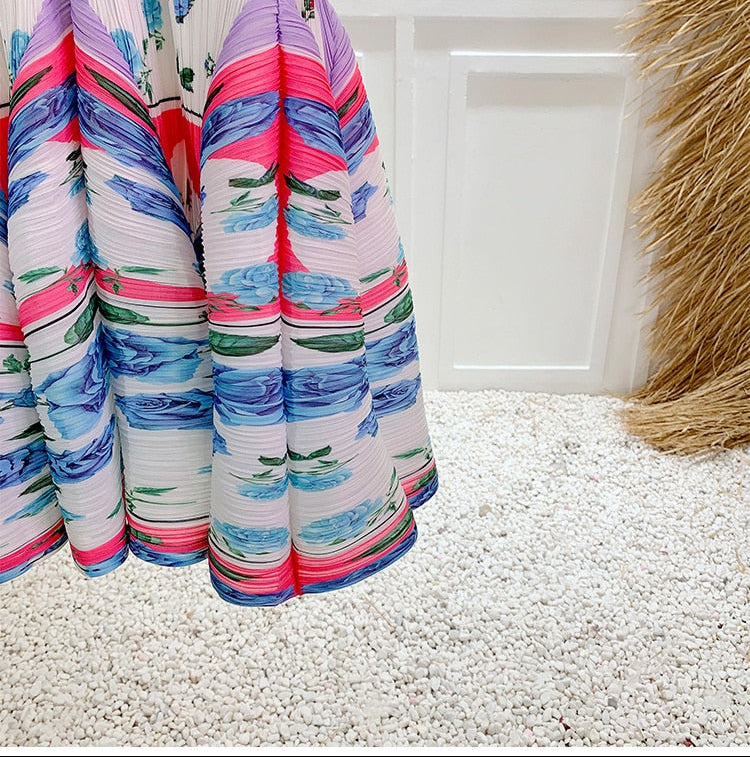 Miyake Pleated Printed Round Neck Long Sleeves Dress