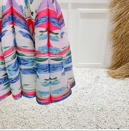 Miyake Pleated Printed Round Neck Long Sleeves Dress