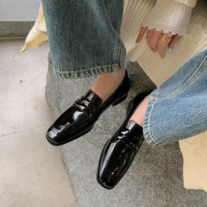 Glossy Square Toe Low Heel Loafers