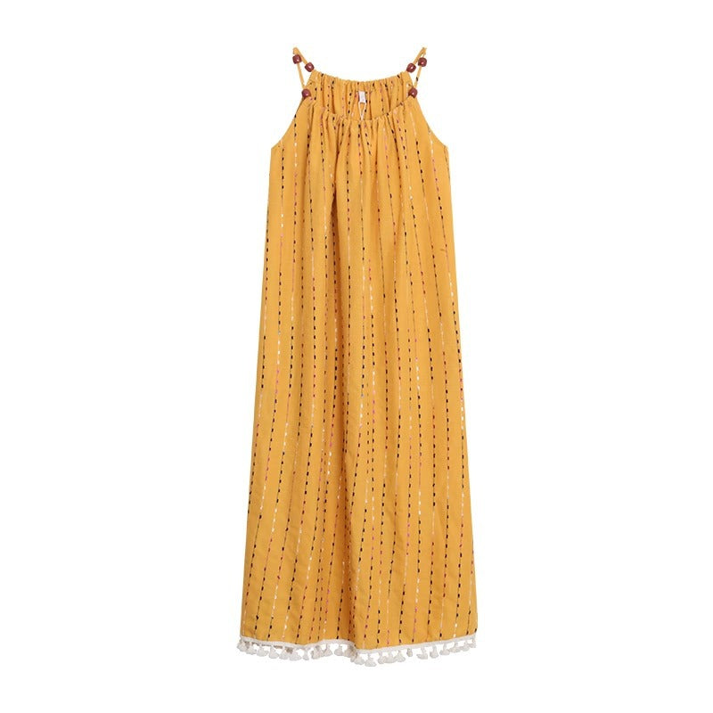 Embroidered Sleeveless Maxi Dress with Tassels