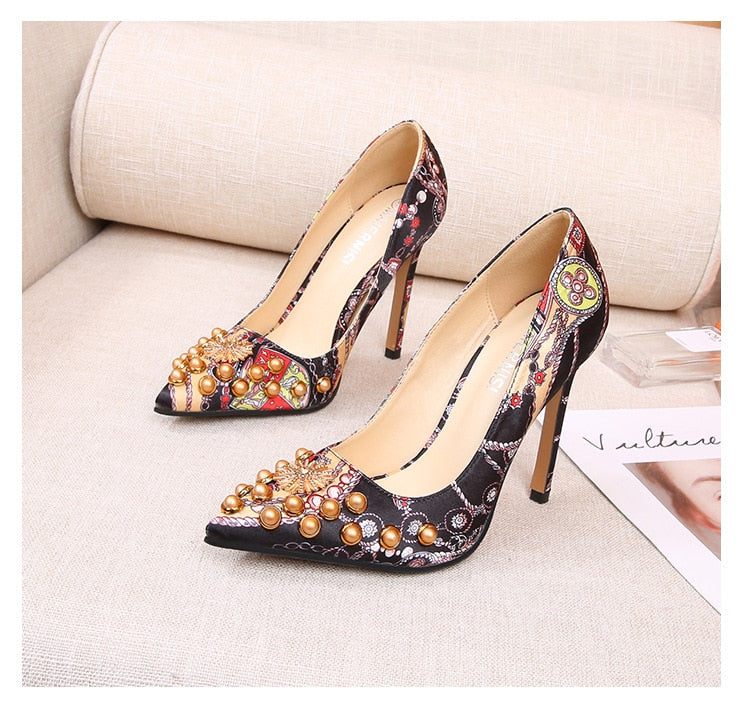 Bridesmaid Wedding Shoes New Shallow Mouth High Heels Plus Size Rhinestone Stiletto Rivets Women's Shoes