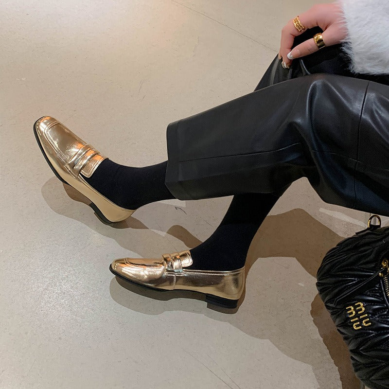 Full leather loafers square toe gold and silver glossy cowhide deep cut single shoe for women