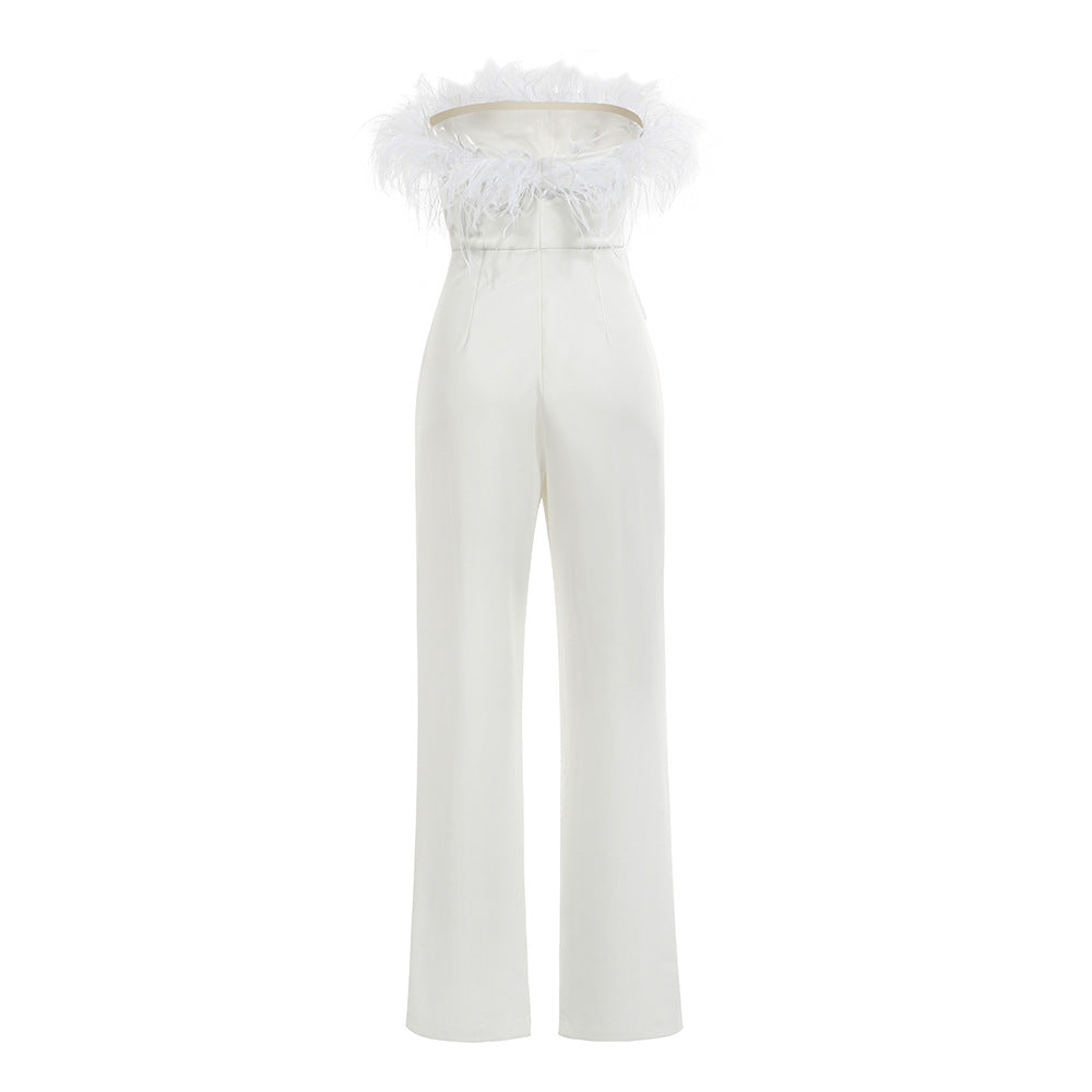 Strapless Feather Detail Straight Leg Jumpsuit