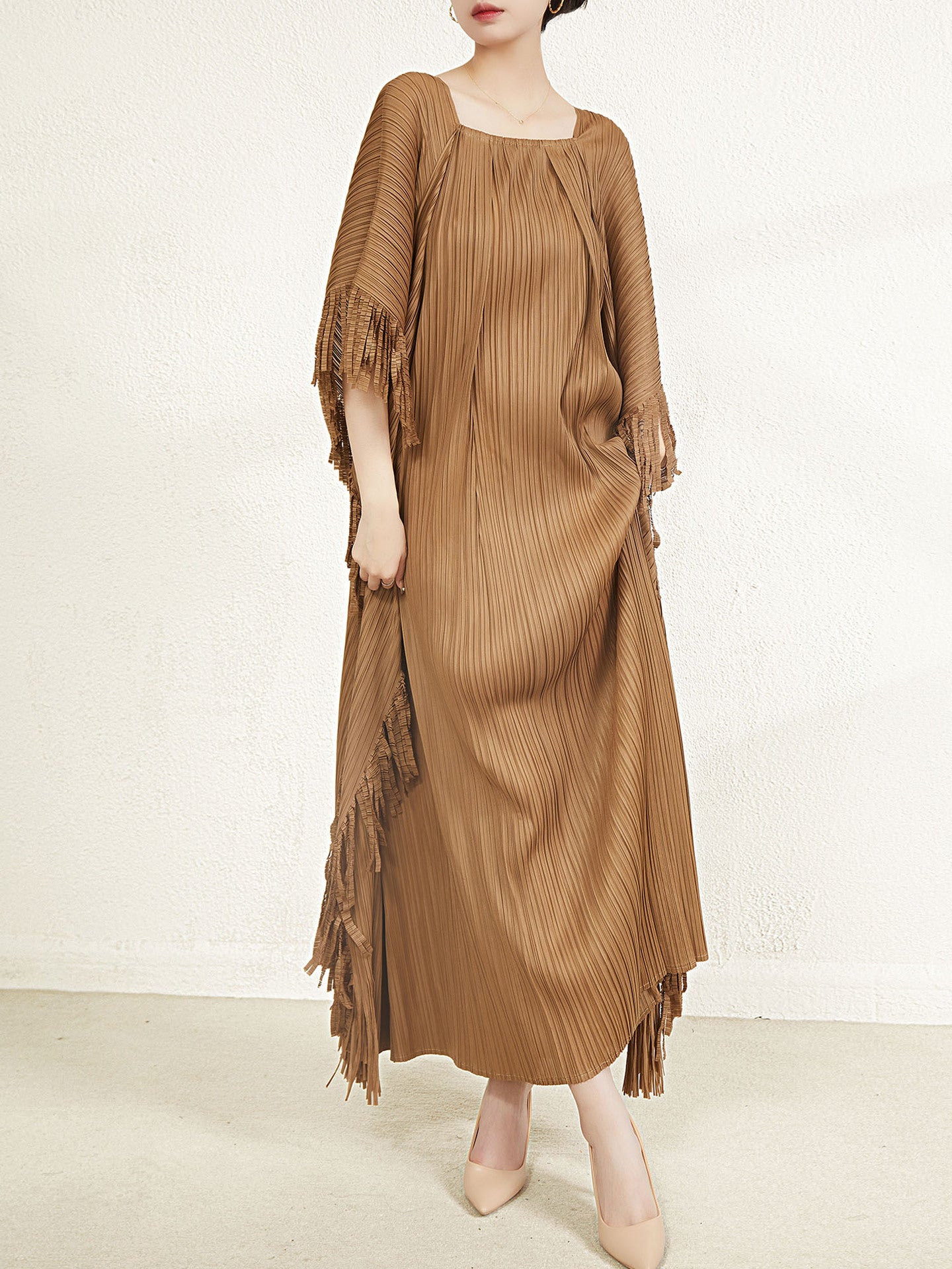 Miyake Pleated Flare Sleeves Maxi Dress with Fringe Detail