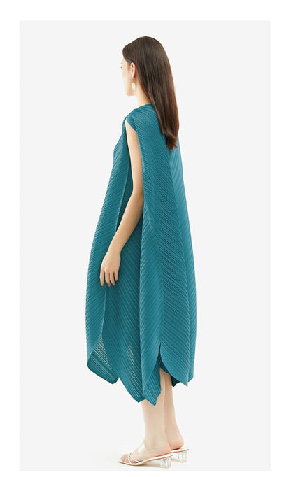 Miyake Pleated Irregular Hem Sleeveless Midi Dress