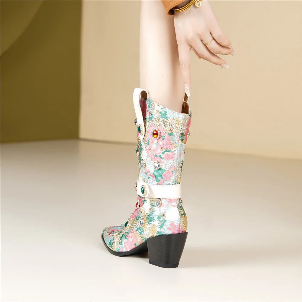 Brocade Pointed Toe Block Heel Boots