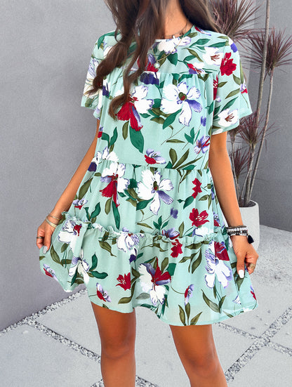 Floral Printed Tiered Tie-Back Mini Dress