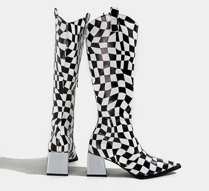 Black and white checkered knee-high boots on a light gray background