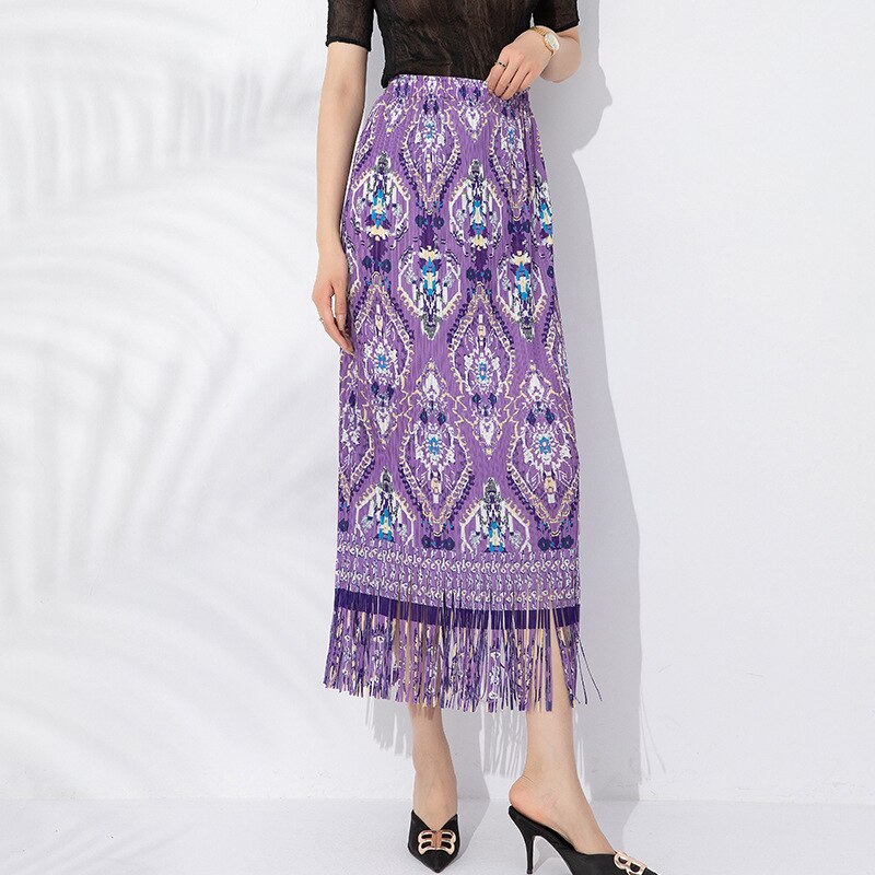 Miyake Pleated Printed Tassel A-Line Skirt