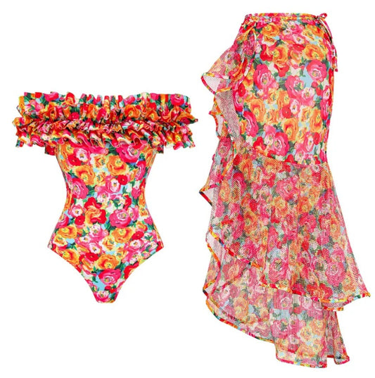 Floral Print One-Piece Swimsuit and Cover Up Skirt Set