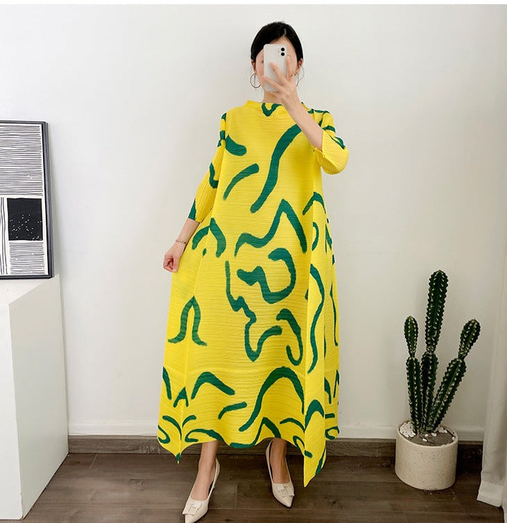 Miyake Pleated Printed O-Neck Maxi Dress
