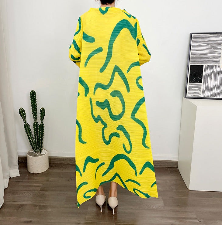 Miyake Pleated Printed O-Neck Maxi Dress