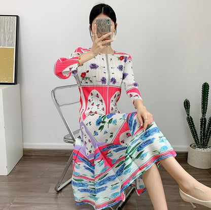 Miyake Pleated Printed Round Neck Long Sleeves Dress