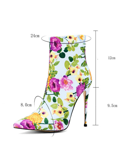 Floral Print Pointed Toe Ankle Boots