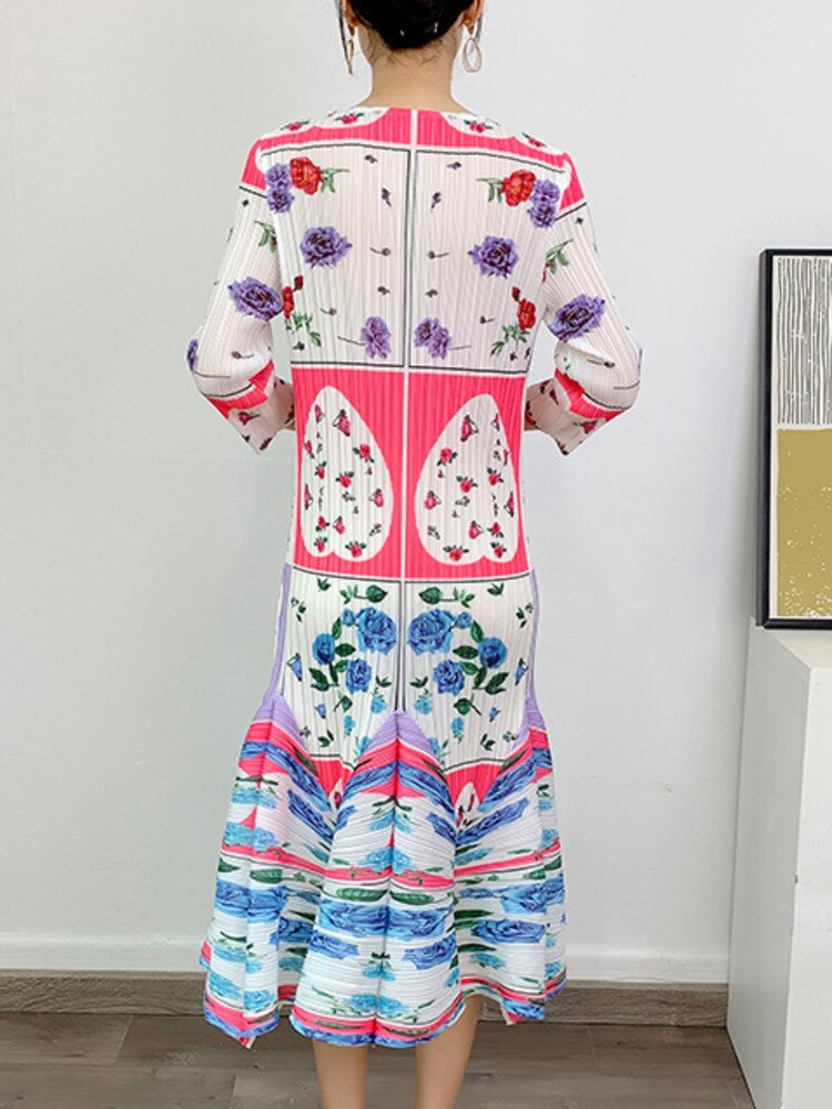Miyake Pleated Printed Round Neck Long Sleeves Dress
