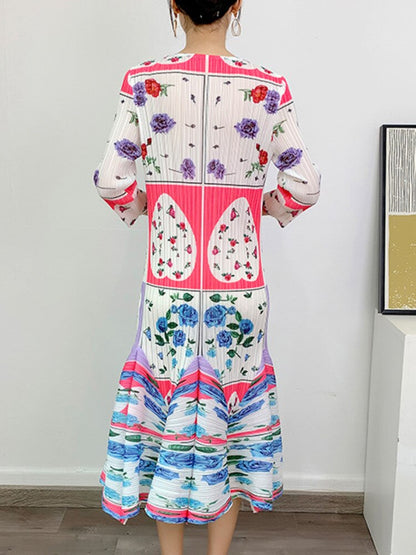 Miyake Pleated Printed Round Neck Long Sleeves Dress
