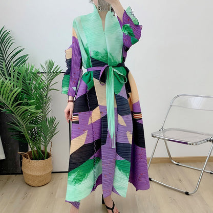 Miyake Pleated Pressed Ruffle Long Sleeve Maxi Dress