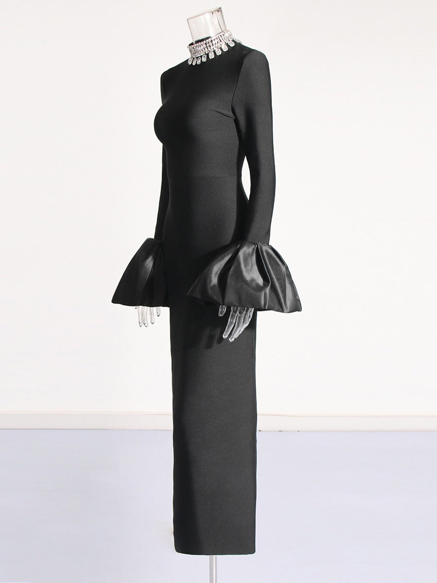 Rhinestone Turtleneck Long Sleeve Bandage Dress