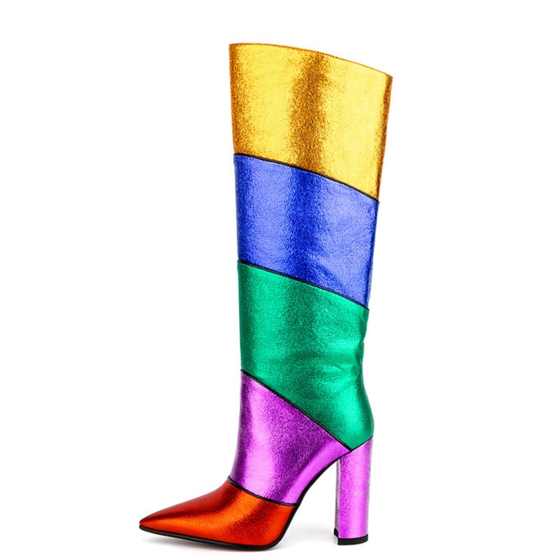 Multicolor Pointed Toe Chunky Heel Knee High Boots