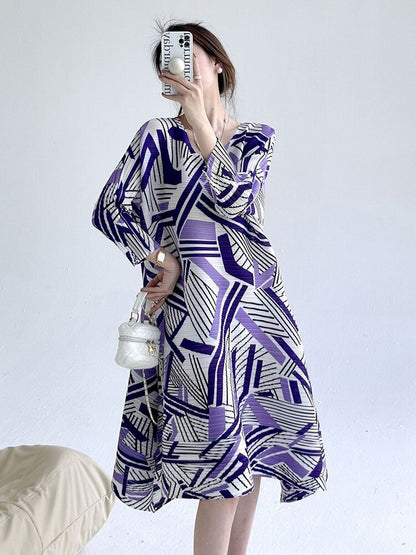 Miyake Pleated Round Neck A-Line Midi Dress