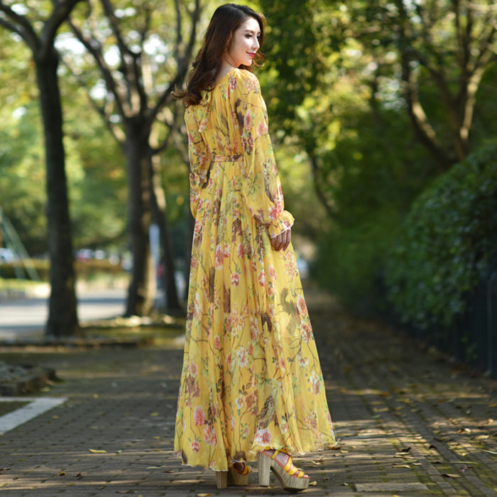 Floral Print O-Neck Long Sleeves Dress