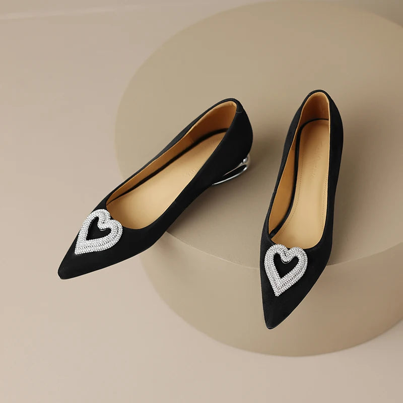 Crystal Heart Pointed Toe Button Heel Shoes