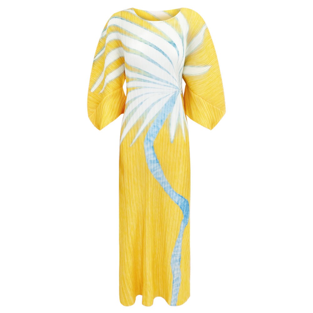 Miyake Pleated Printed Dolman Sleeve Midi Dress