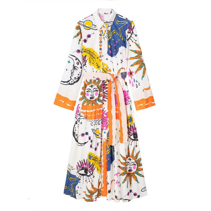 Boho Printed Long Sleeves Belted Midi Dress