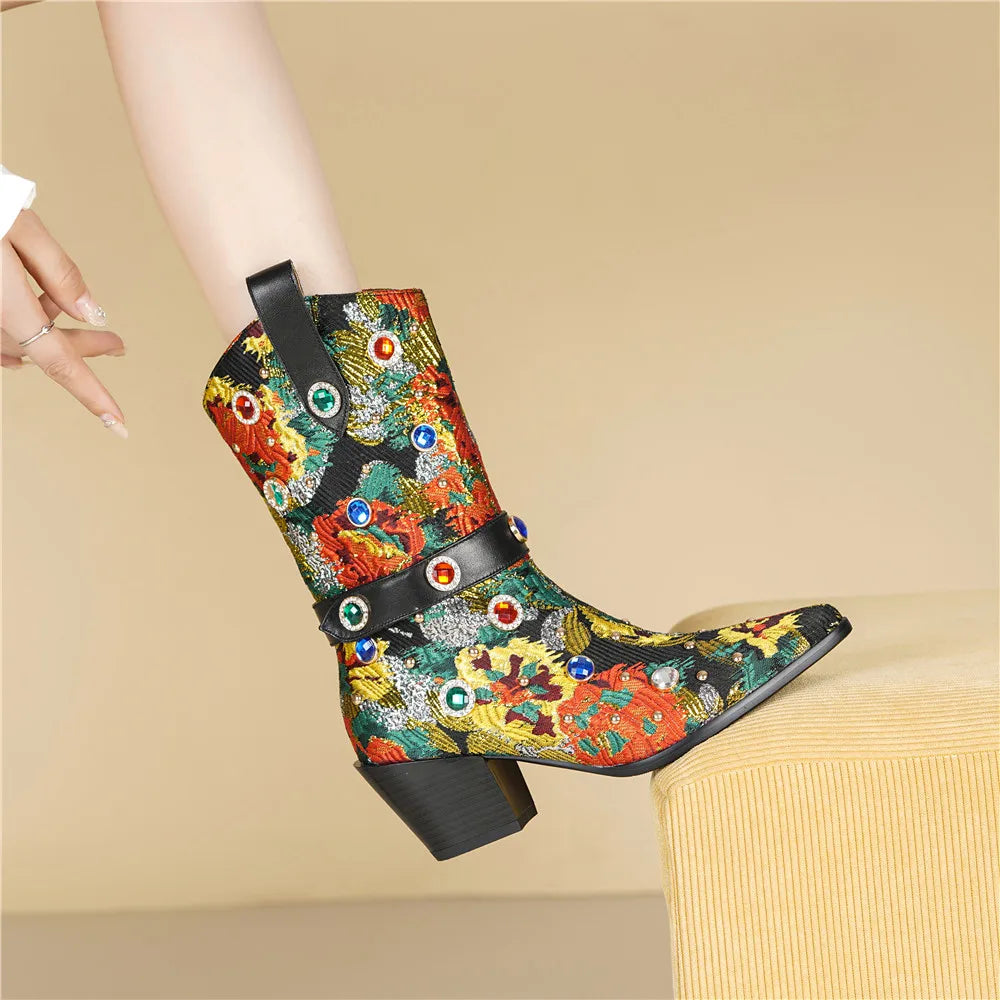 Brocade Pointed Toe Block Heel Boots