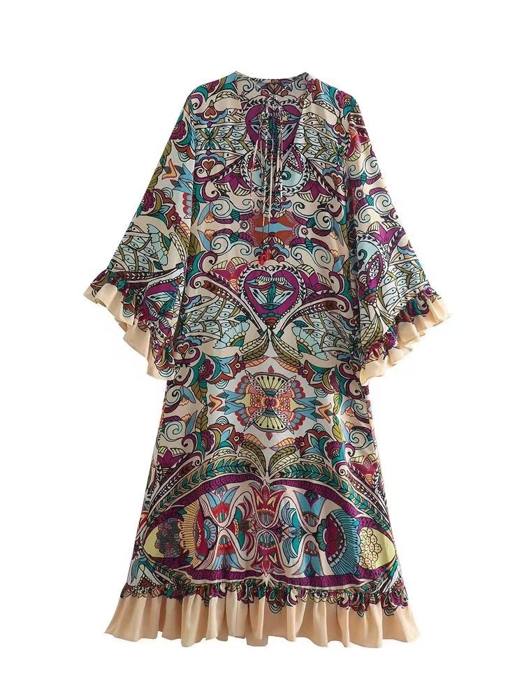 Bohemian Flower Print V-Neck Maxi Dress