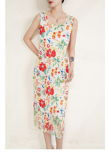 Miyake Pleated Floral Print Fringe Hem Dress