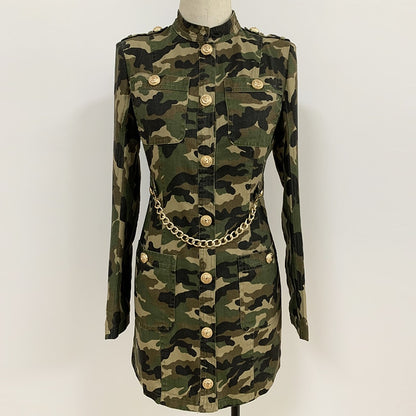 Camouflage Chain Detail Long Sleeve Mini Dress