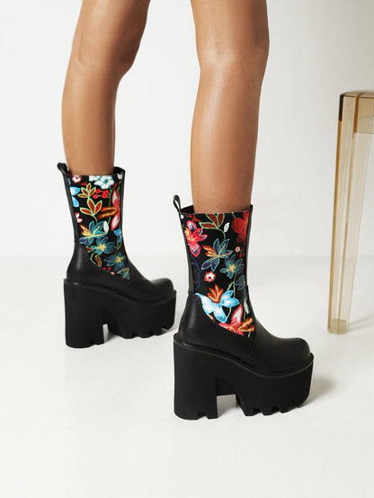 Floral Patchwork PU Mid-Calf Platform Boots
