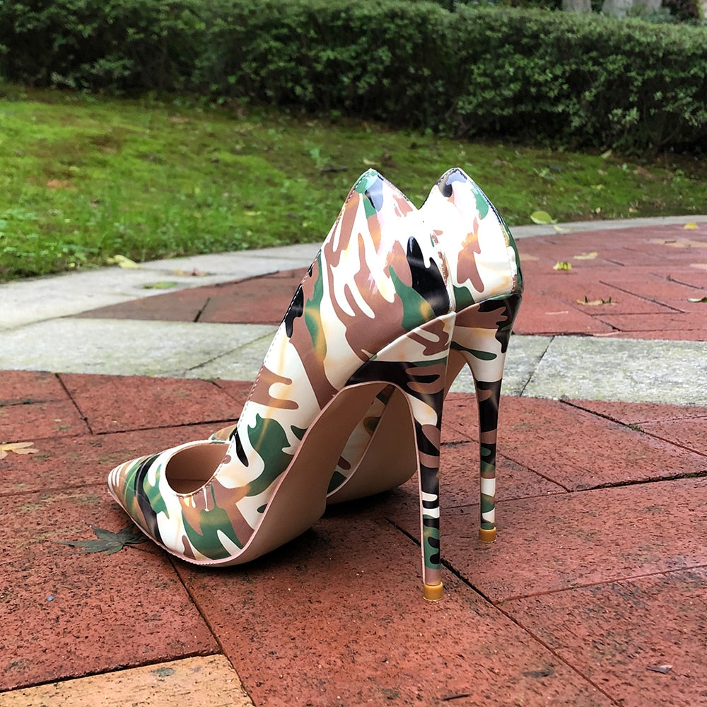 Camouflage Patent Pointed Toe High Heel Shoes