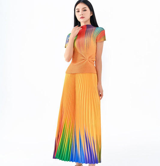 Miyake Pleated Gradient T-Shirt & Long Skirt Set