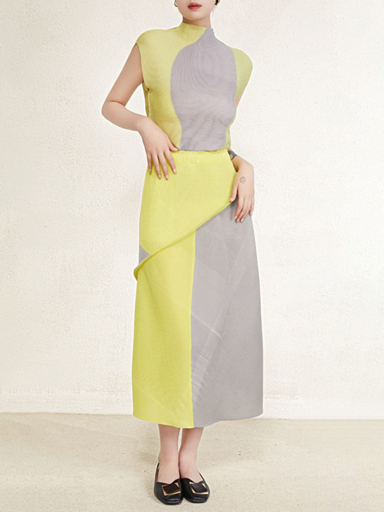Miyake Pleated Contrast Sleeveless Top and Patchwork Skirt Set