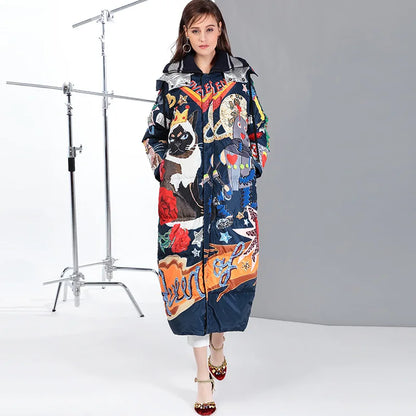 Printed Ribbed Collar Hooded Duck Down Overcoat