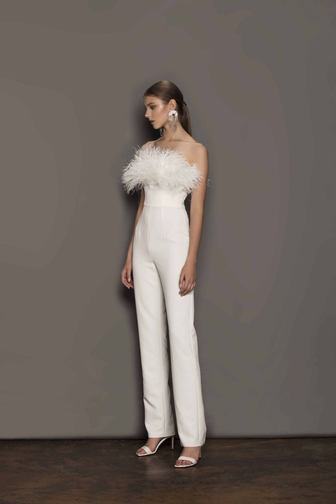 Strapless Feather Detail Straight Leg Jumpsuit