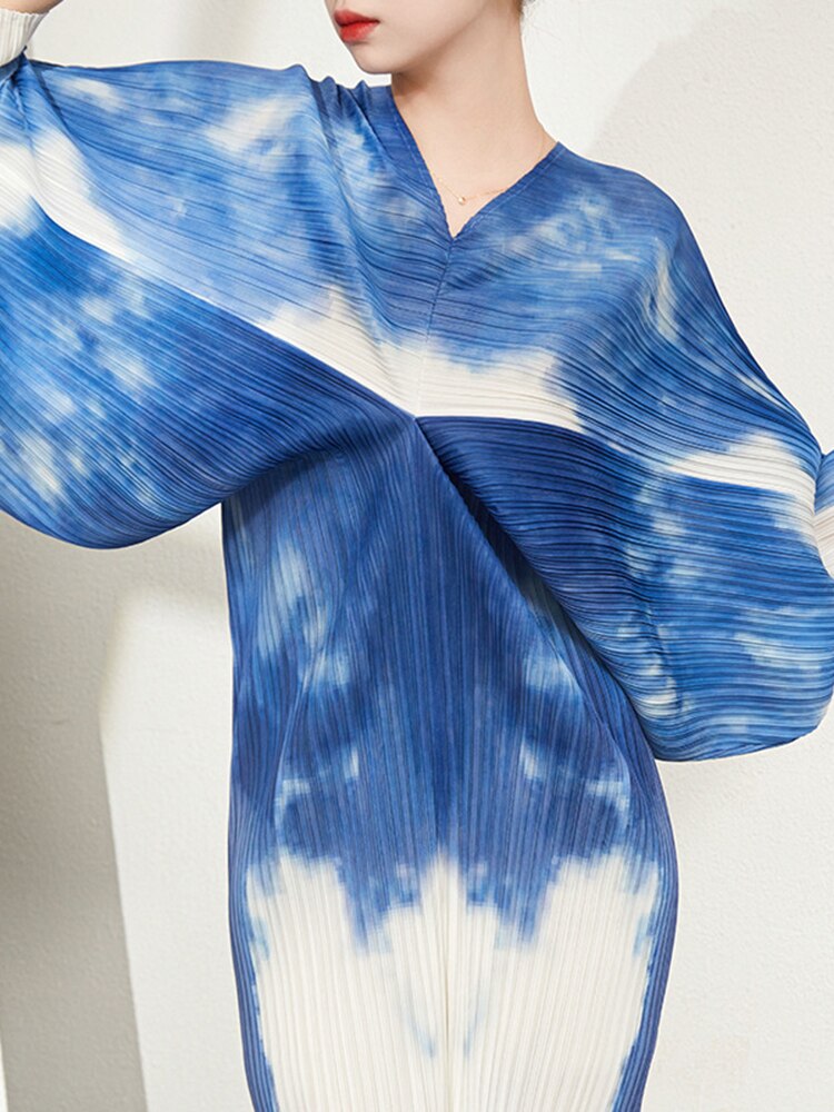 Miyake Pleated V-Neck Irregular Batwing Dress